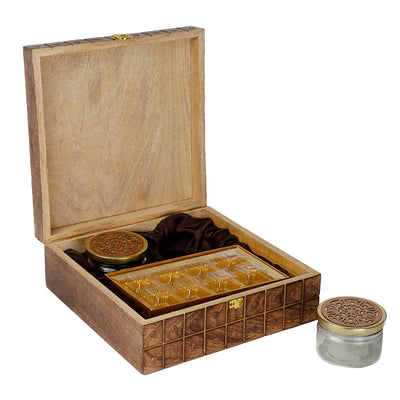 Unique Wooden Hamper Box with 2 salsa jars & 8 cavity (10x10x4) Inch 9025