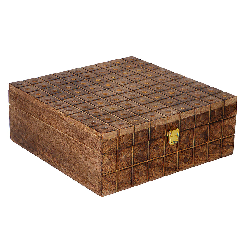 Unique Wooden Hamper Box with 2 salsa jars & 8 cavity (10x10x4) Inch 9025