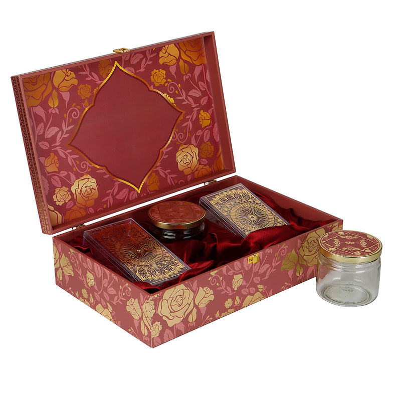 Royal Rose Floral Hamper Box with 2 plastic container & 2 salsa jar (14x9x4) Inch 9026