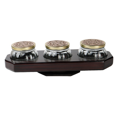 Rotational Wooden Gift Box with 3 Salsa Jars, Dry Fruit Jar Set with Laser Cut Golden Lids, Premium Gifting Jar Set for Festivals and Weddings 