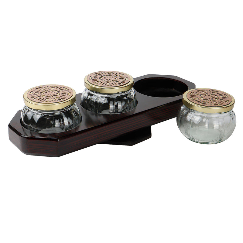 Rotational Wooden Gift Box with 3 Salsa Jars, Dry Fruit Jar Set with Laser Cut Golden Lids, Premium Gifting Jar Set for Festivals and Weddings 
