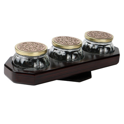 Rotational Wooden Gift Box with 3 Salsa Jars, Dry Fruit Jar Set with Laser Cut Golden Lids, Premium Gifting Jar Set for Festivals and Weddings 