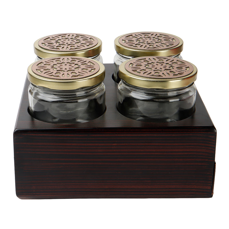Rotational Wooden Gift Box with 4 laser cut design salsa jars & 12 cavity (8.5x8.5x6.25 Inches) Color: Brown from Nice Packaging