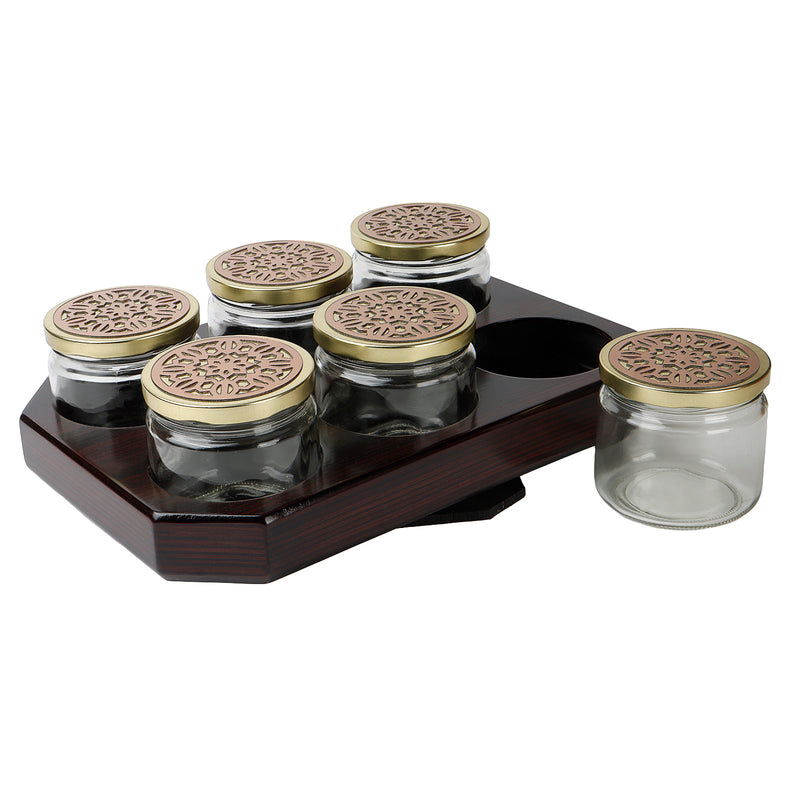 Rotational Wooden Gift Box with 6 laser cut design salsa jars (13x9x4.25 Inches) 9081