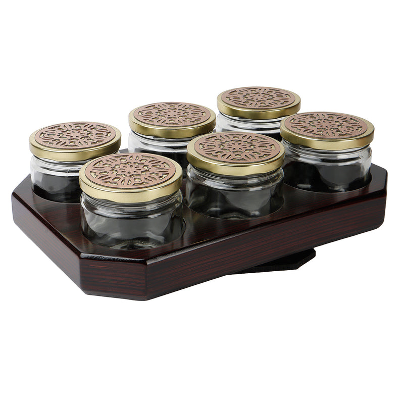 Rotational Wooden Gift Box with 6 laser cut design salsa jars (13x9x4.25 Inches) 9081
