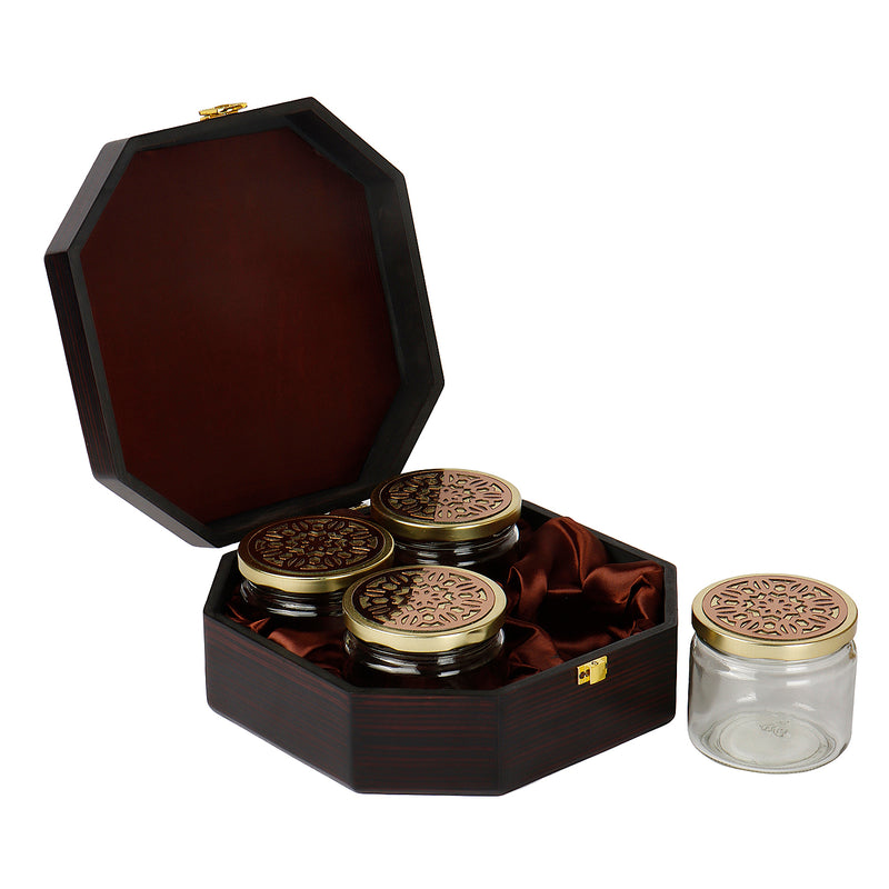 Premium Wooden Gift Box with 4 laser cut design salsa jars (9x9x3.5 Inches) 9082