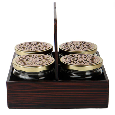Rotational Wooden Gift Box with 4 laser cut design salsa jars (8x8x7.25 Inches) 9083