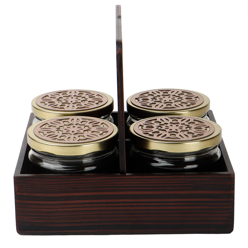 Rotational Wooden Gift Box with 4 laser cut design salsa jars (8x8x7.25 Inches) 9083
