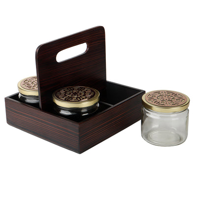 Rotational Wooden Gift Box with 4 laser cut design salsa jars (8x8x7.25 Inches) 9083