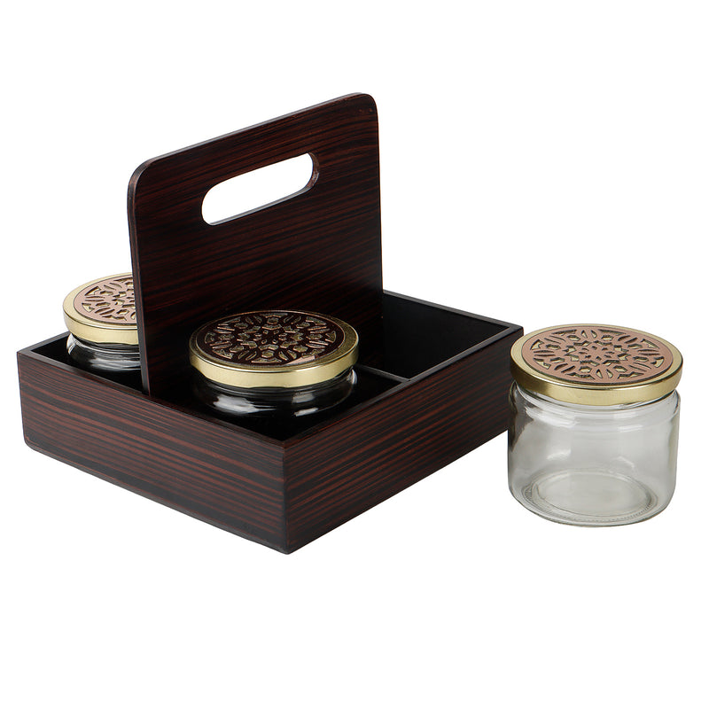 Rotational Wooden Gift Box with 4 laser cut design salsa jars (8x8x7.25 Inches) 9083