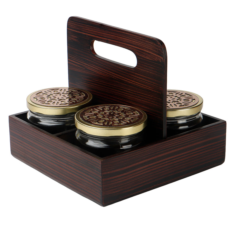 Rotational Wooden Gift Box with 4 laser cut design salsa jars (8x8x7.25 Inches) 9083