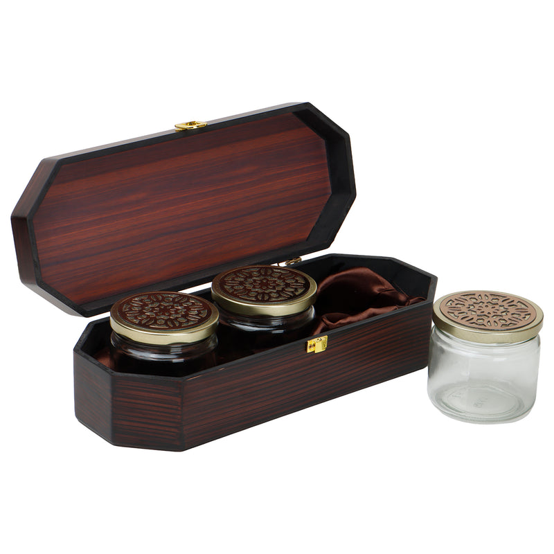 Premium Wooden Gift Box with 3 laser cut design salsa jars (13x5x3.5 Inches) 9085