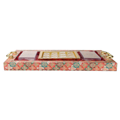 Decorative Printed Hamper Tray with handle 2 plastic container & 12 cavity tray (21x11x1.5) Inch 9094
