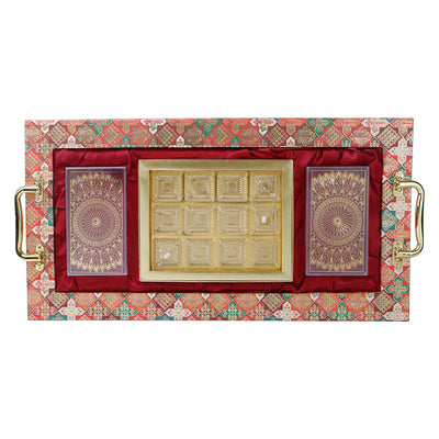 Decorative Printed Hamper Tray with handle 2 plastic container & 12 cavity tray (21x11x1.5) Inch 9094