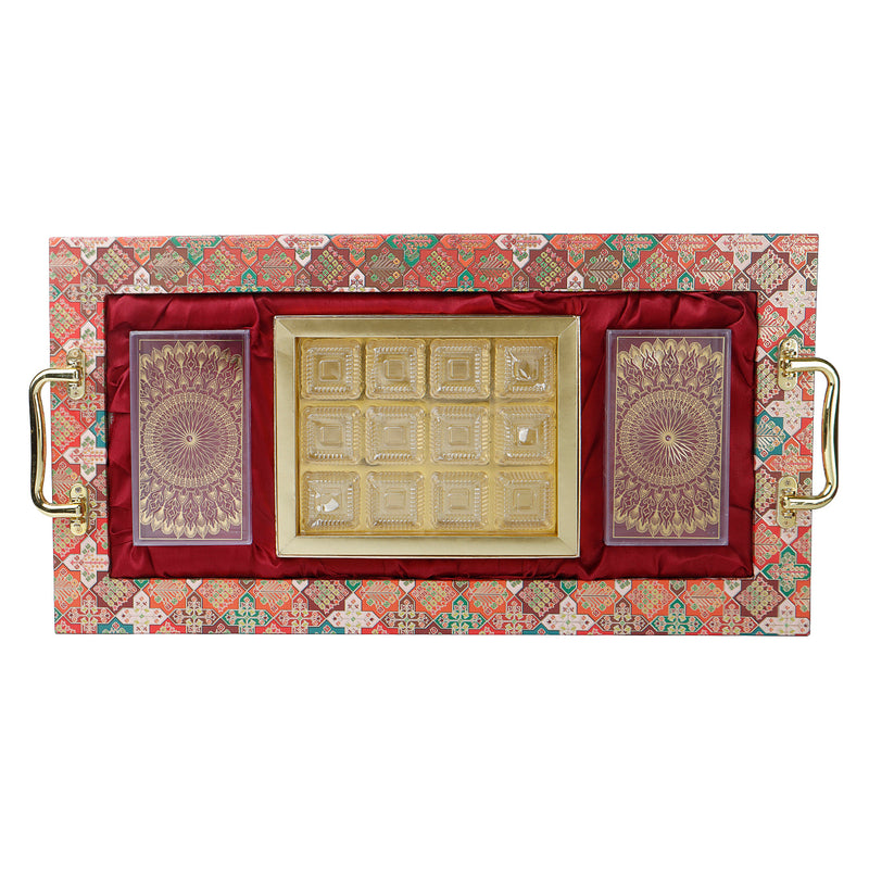 Decorative Printed Hamper Tray with handle 2 plastic container & 12 cavity tray (21x11x1.5) Inch 9094