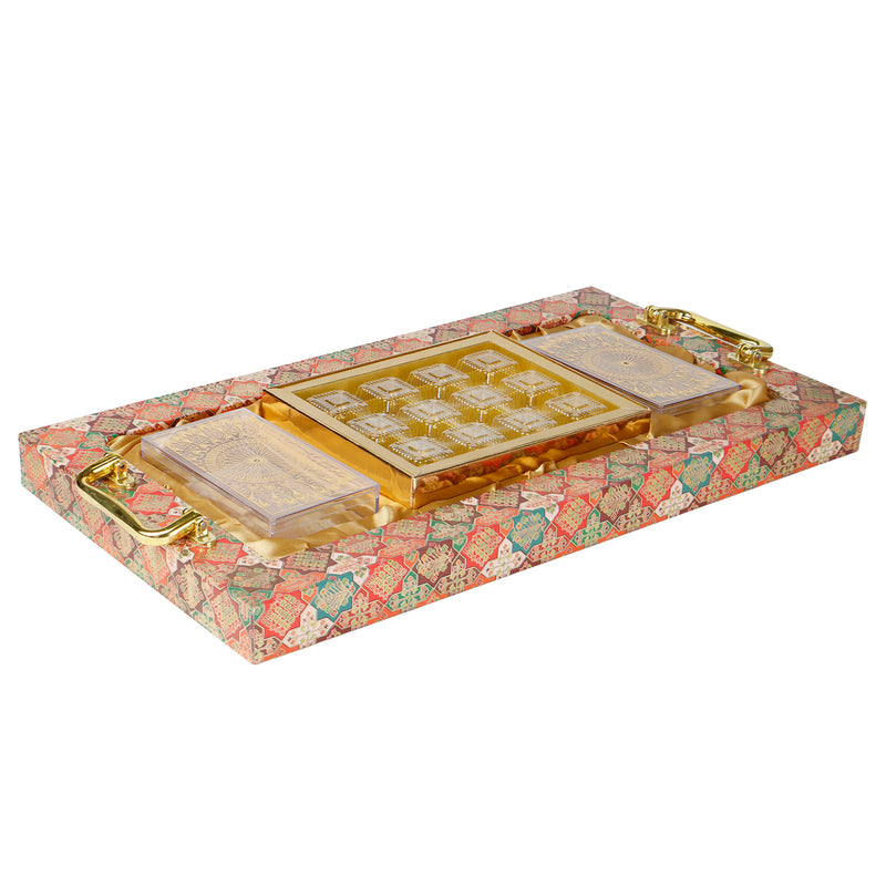 Decorative Printed Hamper Tray with handle 2 plastic container & 12 cavity tray (21x11x1.5) Inch 9094