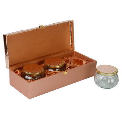 Rose Gold Leatherite Multipurpose Gift Box with 3 muskmelon jars (14x5.5x3.5) Inch 9096