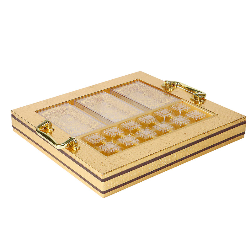 Luxury Golden Tray with 3 acrylic boxes & 9 cavity tray (14.5x13.25x2) Inch 9098