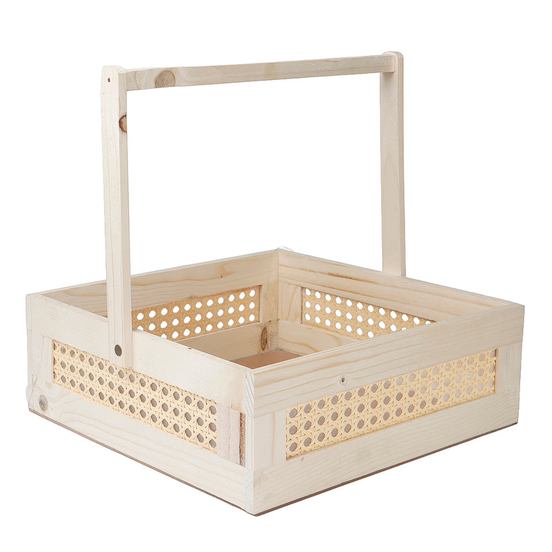 Pine Wood Cane Basket with handle (12x11.75x4) Inch 9106