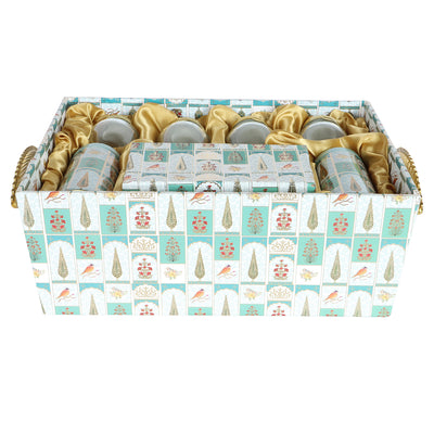 Floral MDF Hamper with 2 printed tins, 8 cavity & 4 matki jars - Color: Teal Sea, Size: 16*12*6 Inches, Material: MDF Buy from Nice Packaging