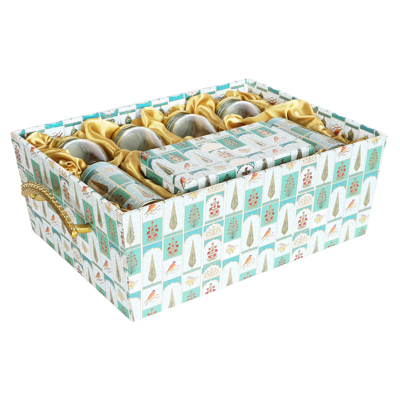 Floral MDF Hamper with 2 printed tins, 8 cavity & 4 matki jars - Color: Teal Sea, Size: 16*12*6 Inches, Material: MDF Buy from Nice Packaging