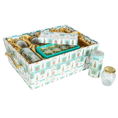 Floral MDF Hamper with 2 printed tins, 8 cavity & 4 matki jars - Color: Teal Sea, Size: 16*12*6 Inches, Material: MDF Buy from Nice Packaging