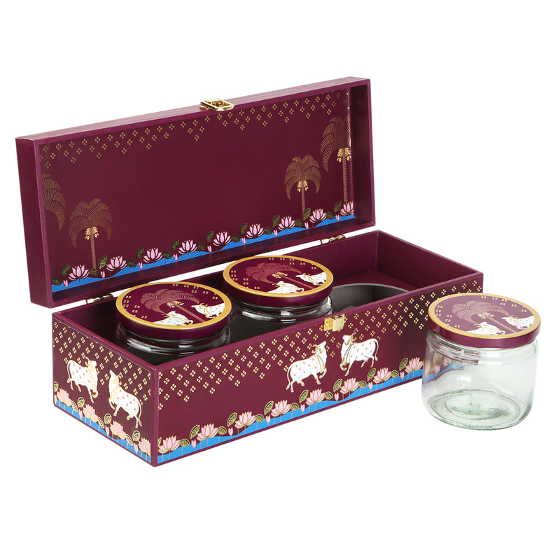 Pichwai Art Hamper Box with 3 printed salsa jars