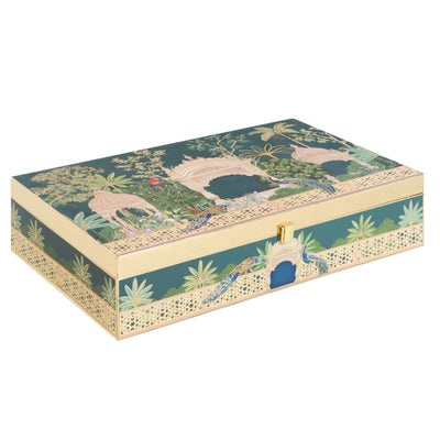 Pichwai Art MDF Box with 4 printed Short salsa jars & 2 Compartments With 16 cavity - Size: 18*11*4 Inches, Color: Green Garden Theme, Material: MDF from Nice Packaging.