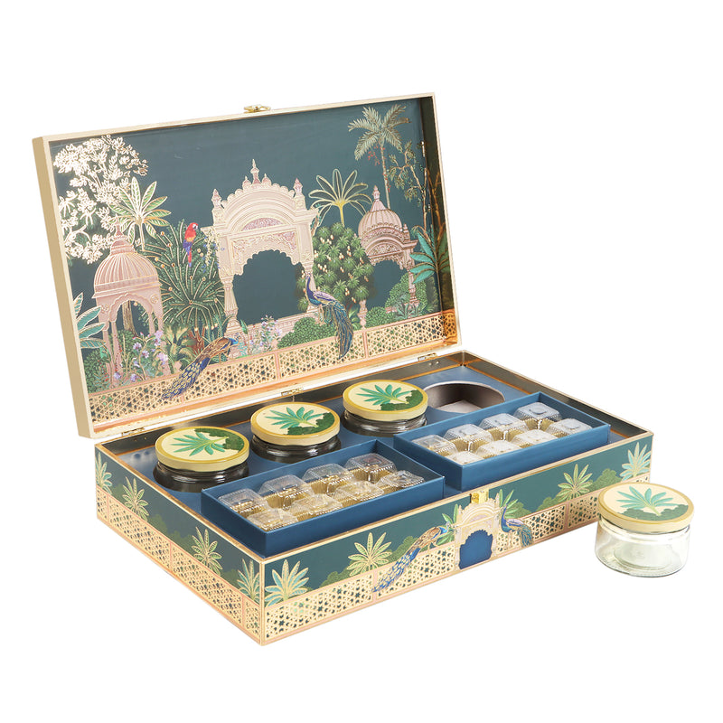 Pichwai Art MDF Box with 4 printed Short salsa jars & 2 Compartments With 16 cavity - Size: 18*11*4 Inches, Color: Green Garden Theme, Material: MDF from Nice Packaging.