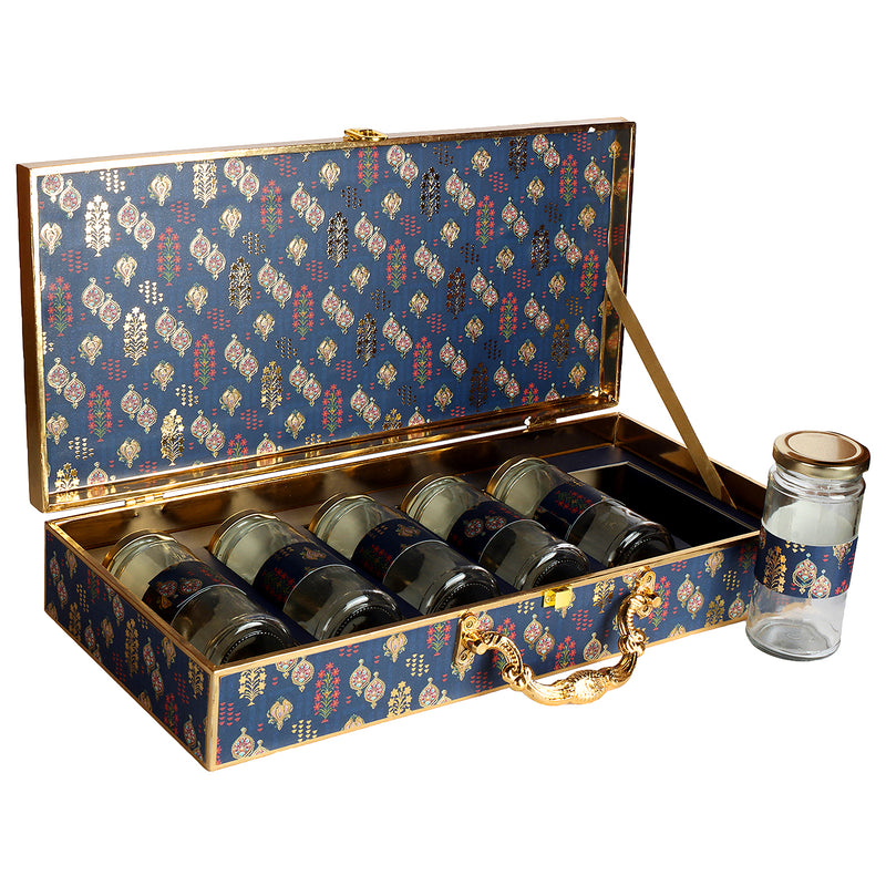 box with handle and 6 glass jars