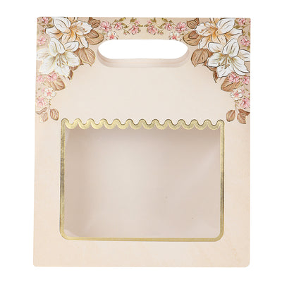 Floral Small Gift  Box With Handle Buy From Nice Packaging. Dimensions: 7*3.75*8 Inches, Material: SBS 250 GSM, Color: Cream, Capacity: Up To 1kg.