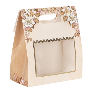 Floral Small Gift  Box With Handle Buy From Nice Packaging. Dimensions: 7*3.75*8 Inches, Material: SBS 250 GSM, Color: Cream, Capacity: Up To 1kg.