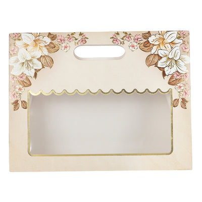 Floral Small Gift  Box With Handle Buy From Nice Packaging. Dimensions: 10.5*3.75*8 Inches, Material: SBS 350 GSM, Color: Cream, Capacity: Up To 1kg.