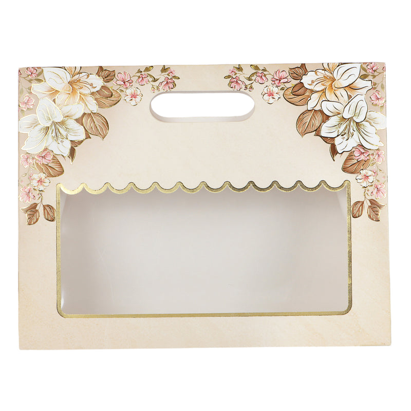 Floral Small Gift  Box With Handle Buy From Nice Packaging. Dimensions: 10.5*3.75*8 Inches, Material: SBS 350 GSM, Color: Cream, Capacity: Up To 1kg.