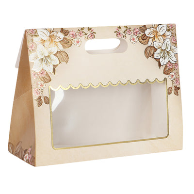 Floral Small Gift  Box With Handle Buy From Nice Packaging. Dimensions: 10.5*3.75*8 Inches, Material: SBS 350 GSM, Color: Cream, Capacity: Up To 1kg.