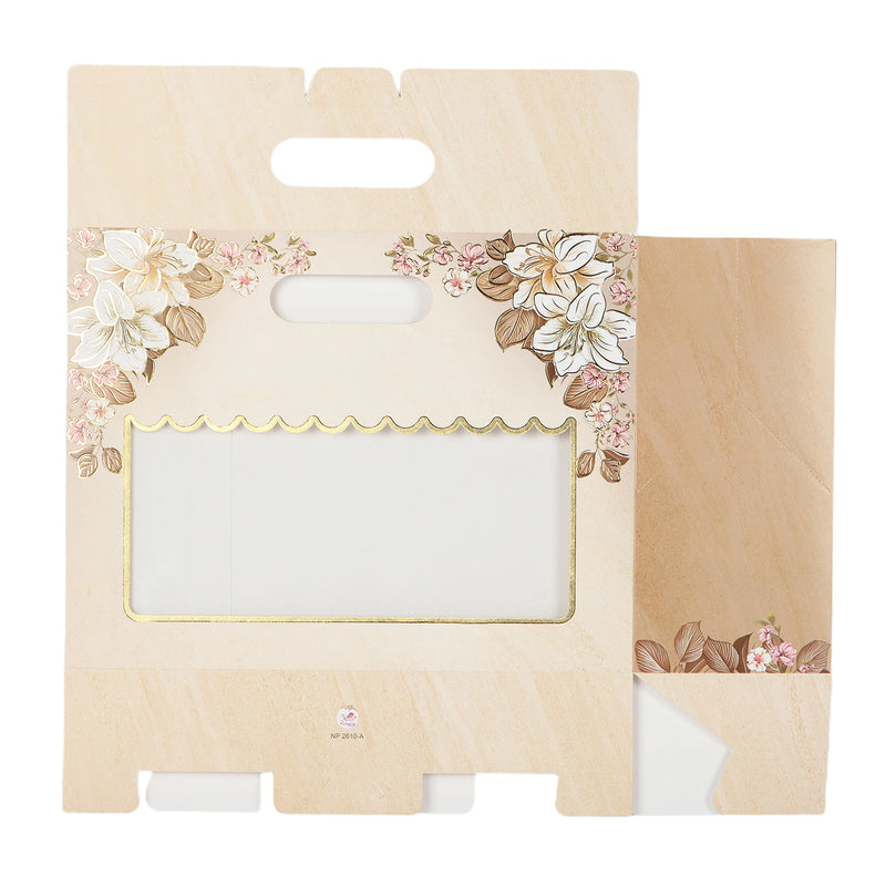 Floral Small Gift  Box With Handle Buy From Nice Packaging. Dimensions: 10.5*3.75*8 Inches, Material: SBS 350 GSM, Color: Cream, Capacity: Up To 1kg.