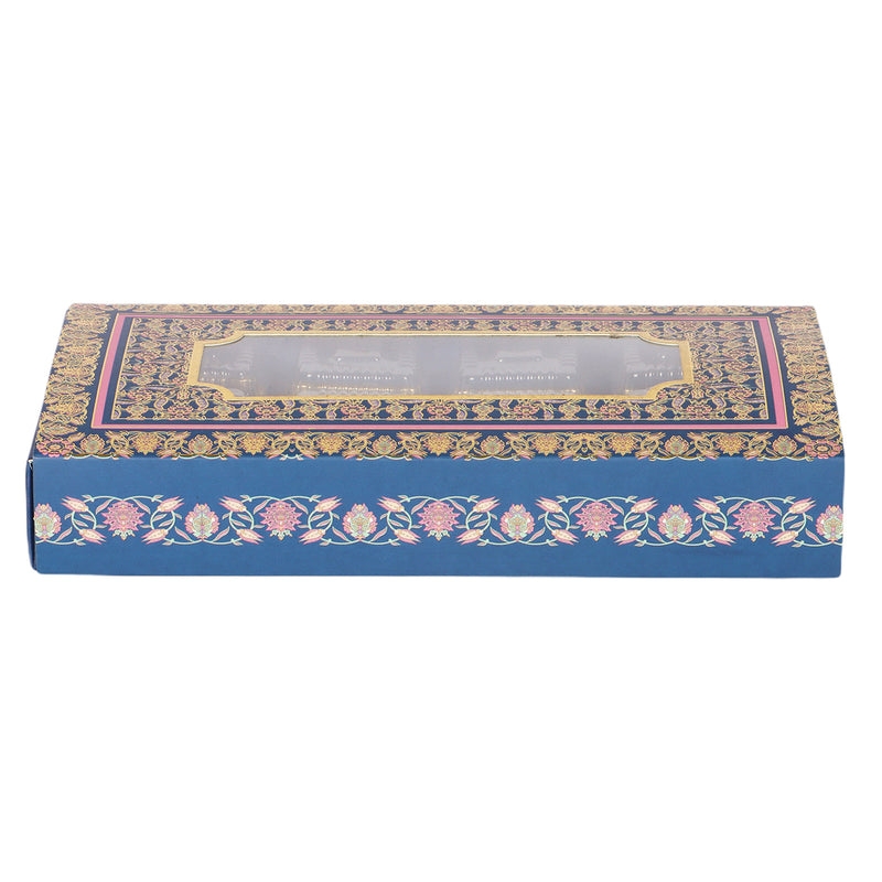 8 Cavity Chocolate/Sweet box -Without cavity (Color: Blue & Gold / Size: 8.5*4.75*1.25 Inches / Material: SBS 230 GSM / Capacity: 8 Cavity (THIS PRODUCT COMES WITHOUT CAVITY)