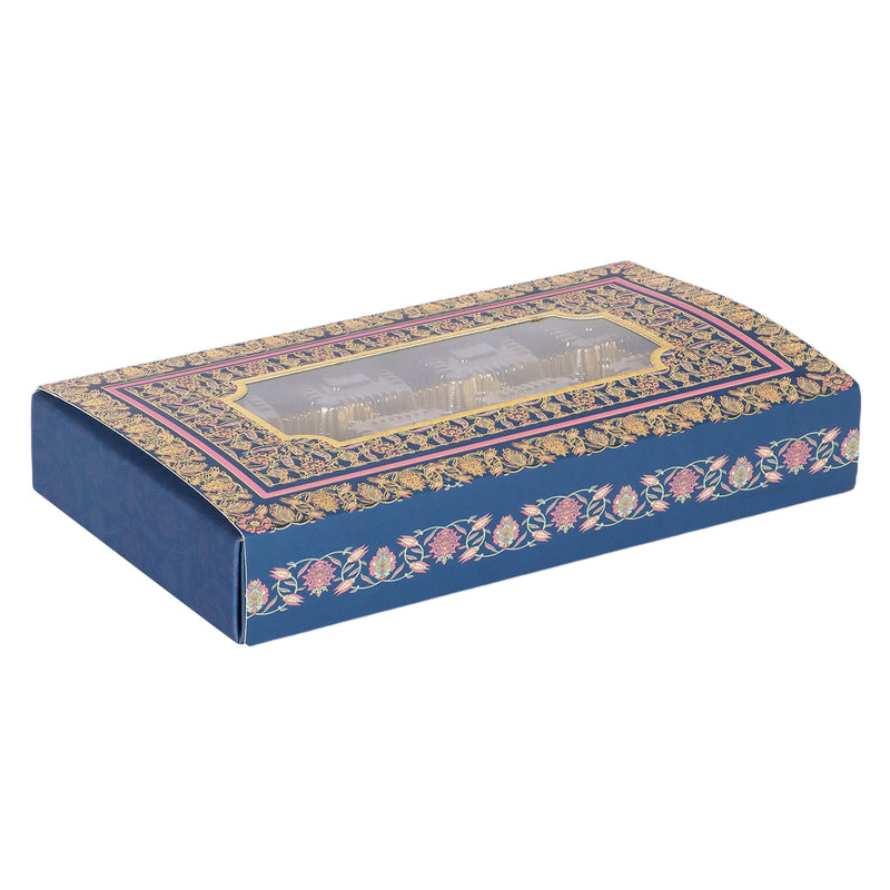 8 Cavity Chocolate/Sweet box -Without cavity (Color: Blue & Gold / Size: 8.5*4.75*1.25 Inches / Material: SBS 230 GSM / Capacity: 8 Cavity (THIS PRODUCT COMES WITHOUT CAVITY)