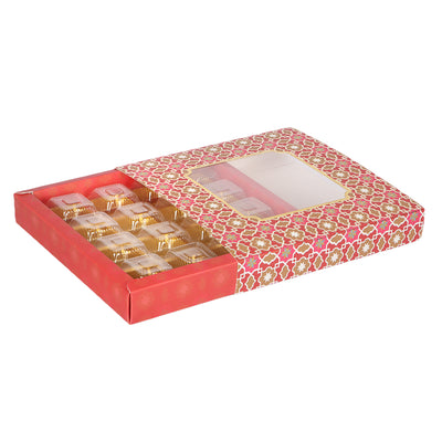 Elevate your packaging with our sophisticated 16 Cavity Chocolate/Sweet box in Red, sized at 8.5*8.5*1.25 Inches and constructed from SBS 230 GSM material. Purchase this cavity-free product at Nice Packaging.