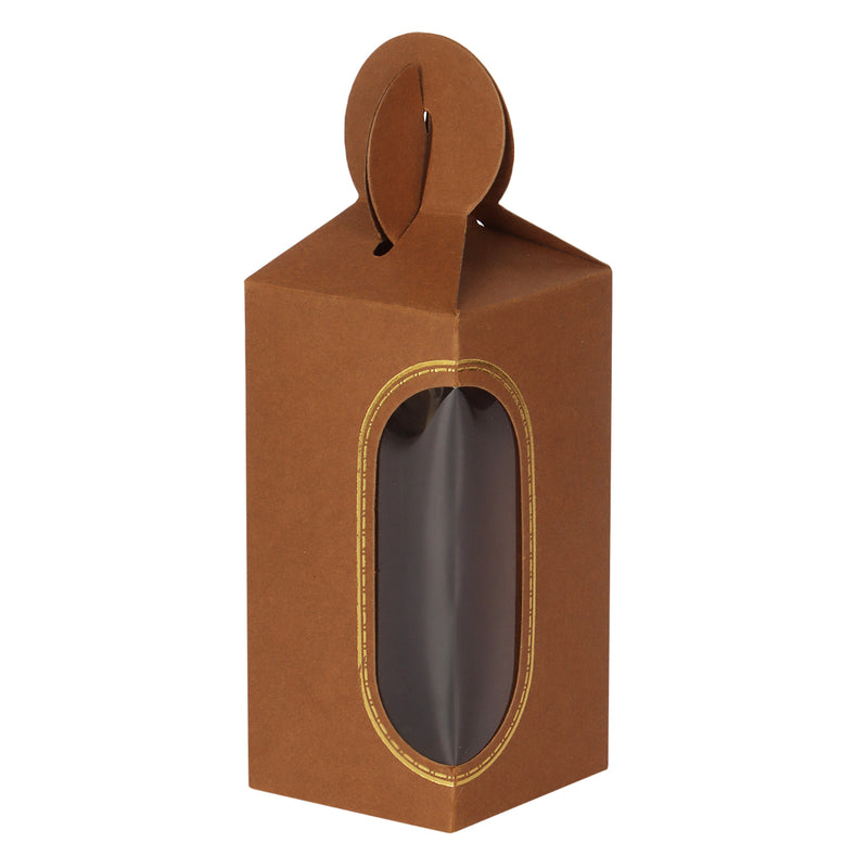 Shop for a charming small gift box with PVC window at Nice Packaging. This light brown box, measuring 2x2x3.75 inches, is crafted from 230 gsm SBS material and can hold up to 150 gms.