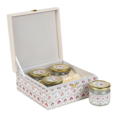 Beautiful Fabric MDF Box with 4 salsa jars (10.25*10.25*4 Inch) 2047