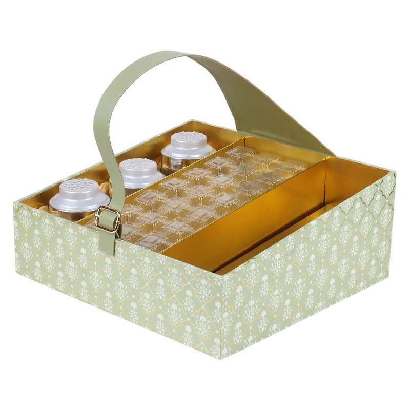 Carry Hamper Box with 21 cavity & 3 perforated lids Jars (14.75x14.75x6 Inch) 2048