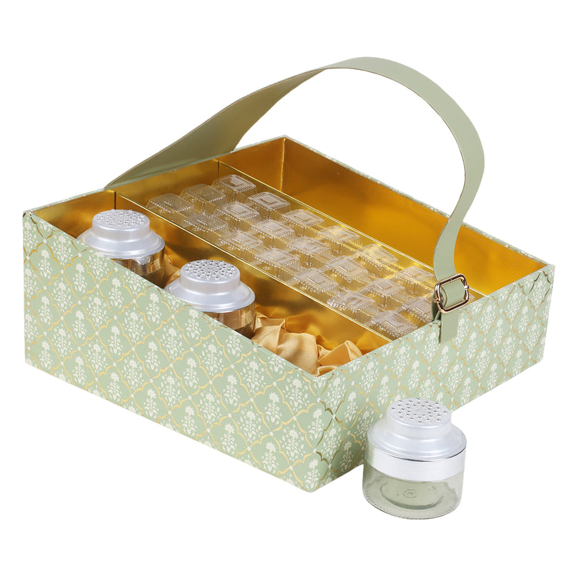 Carry Hamper Box with 21 cavity & 3 perforated lids Jars (14.75x14.75x6 Inch) 2048