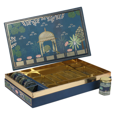 Big Pichwai Print Bhaji Boxes with 16 compartments & 3 small hexa jars (22x13.5x3.5 Inch) 2045