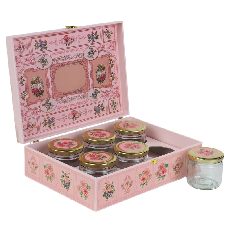 Pink Floral MDF Box With 6 salsa jars (14x10x4 Inches) 2009A