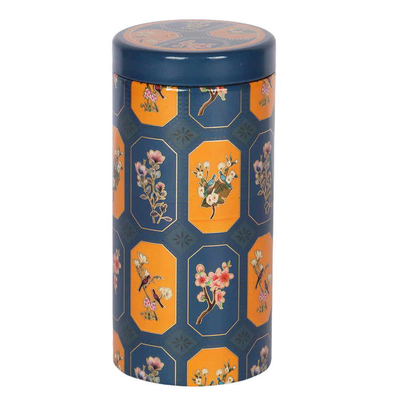 Beautiful Floral Printed Air Tight Tins for Gifting Packaging buy From Nice Packaging. Dimensions: 2*2*5 Inches, Material: Steel Tin, Color: Blue/Orange, Capacity: 245gm.