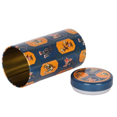 Beautiful Floral Printed Air Tight Tins for Gifting Packaging buy From Nice Packaging. Dimensions: 2*2*5 Inches, Material: Steel Tin, Color: Blue/Orange, Capacity: 245gm.