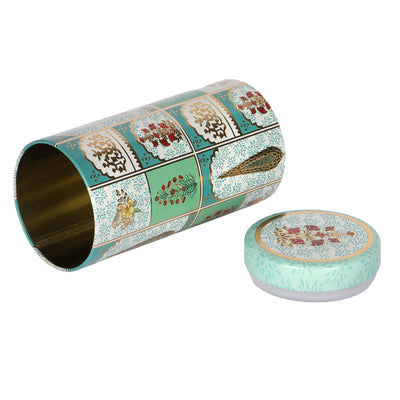 Beautiful Floral Printed Air Tight Tins for Gifting Packaging buy From Nice Packaging. Dimensions: 2*2*5 Inches, Material: Steel Tin, Color: Teal Sea, Capacity: 245gm.