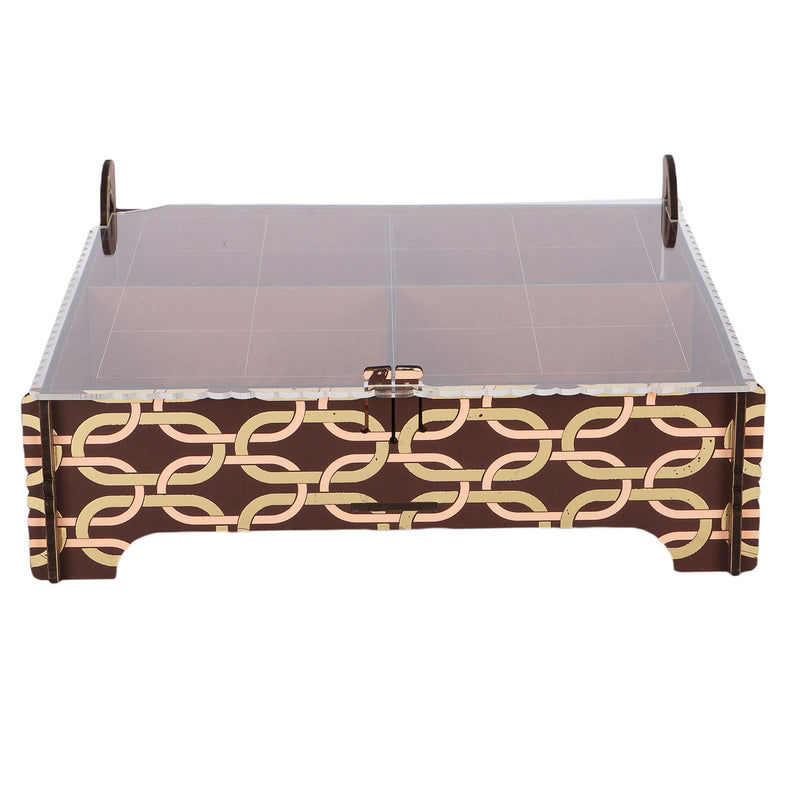 Stylish Laser Cut Acrylic Top Four Partition Hamper Tray From Nice Packaging. Dimensions: 8x8x1.75 Inches, Material: MDF, Color: Brown, Capacity: Up to 1 kg.