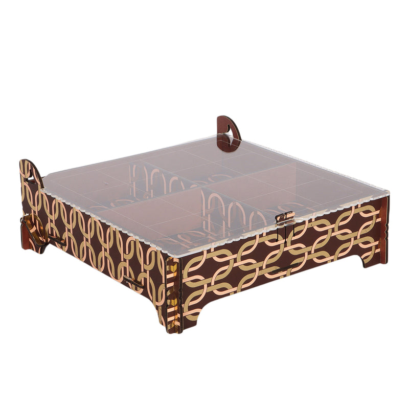 Stylish Laser Cut Acrylic Top Four Partition Hamper Tray From Nice Packaging. Dimensions: 8x8x1.75 Inches, Material: MDF, Color: Brown, Capacity: Up to 1 kg.